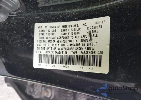 2017 Honda Accord Ex z USA, uszkodzony, nr VIN 1HGCR2F70HA203108